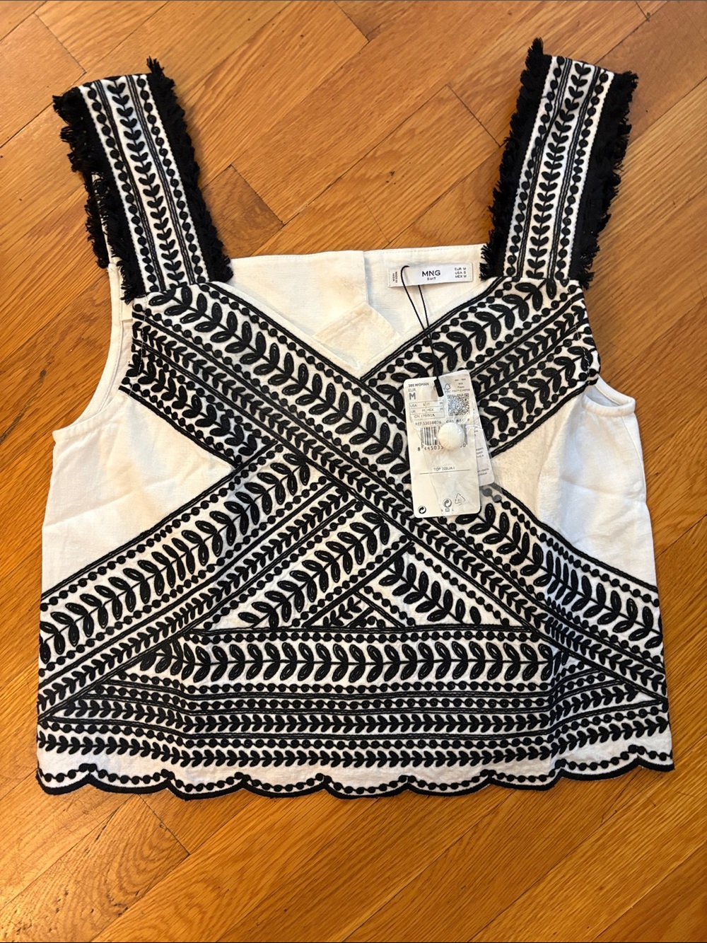 Mango White Sleeveless Embroidered Crop Top with Black Leaf Pattern